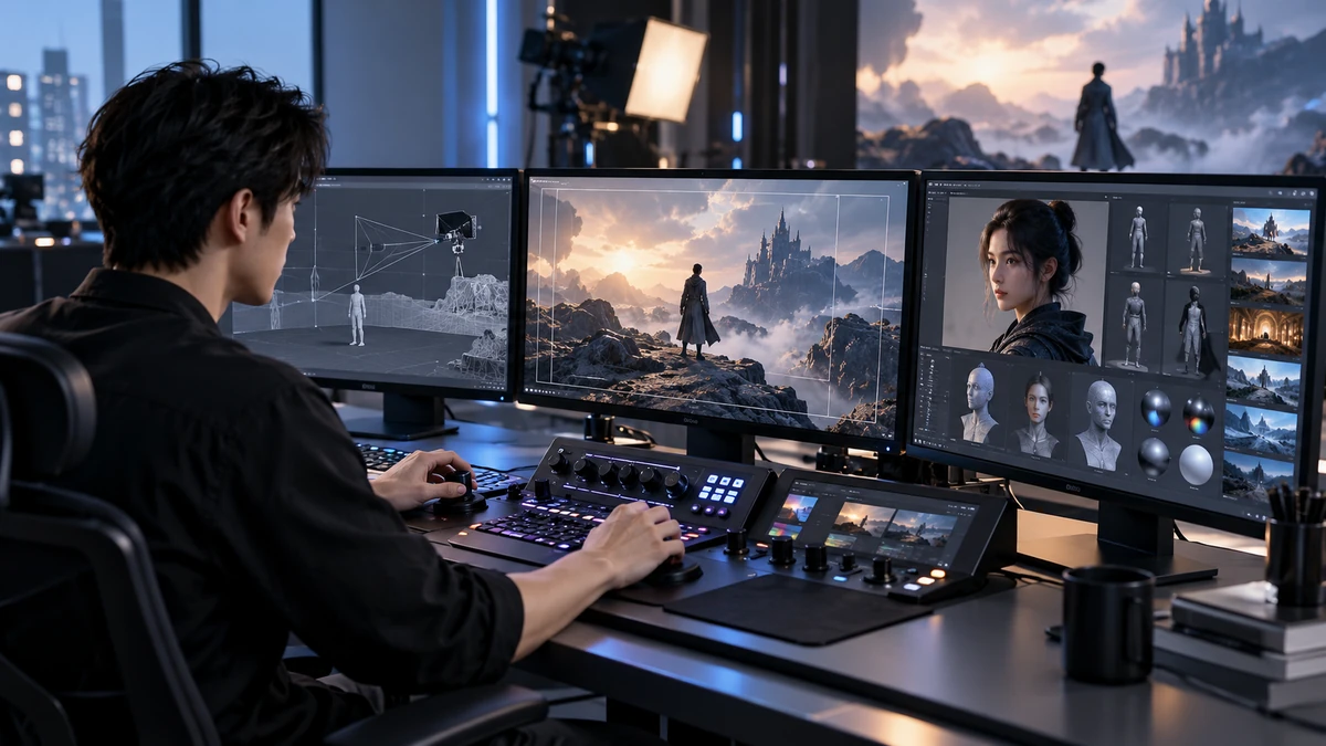 Cận cảnh workstation của đạo diễn AI với giao diện điều khiển góc máy, ánh sáng, nhân vật và bối cảnh 3D, thể hiện cách một cảnh phim được xây dựng bằng chỉ dẫn số.