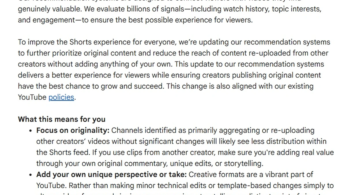 YouTube Shorts cập nhật thuật toán, ưu tiên nội dung gốc và giảm tương tác video reup