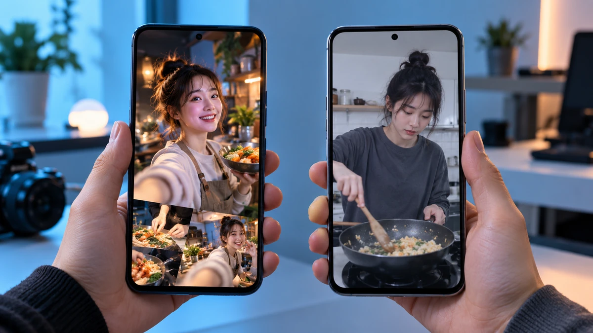 Giao diện Shorts Feed dạng cận cảnh minh họa sự đối lập giữa video có dấu ấn sáng tạo riêng và video reup ít chỉnh sửa