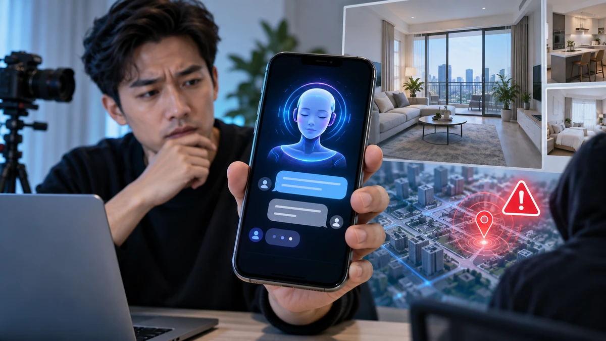 Điện thoại hiển thị trợ lý AI Muse đang xử lý cuộc trò chuyện Facebook Marketplace, phía sau là hình ảnh căn hộ và biểu tượng cảnh báo quyền riêng tư, nhấn mạnh nguy cơ AI chia sẻ địa chỉ